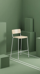 A modern wooden chair with white metal legs sits against a green background