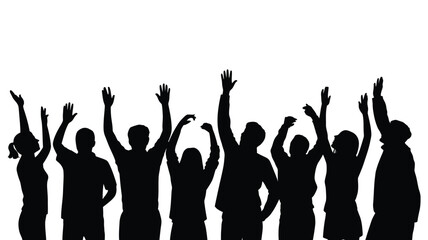 Diverse group of people with raised hands celebrating and cheering together