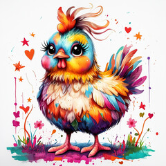 Fototapeta premium Gallina multicolor rodeada de estrellas y corazones