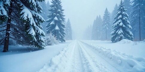 Obraz premium Intense Snowstorm Whiteout Conditions and Swirling Snowflakes Obscure a Frozen Winter Wonderland