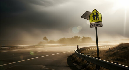 Morning Mist Blankets A Roadside School Zone With Symbolic Signage