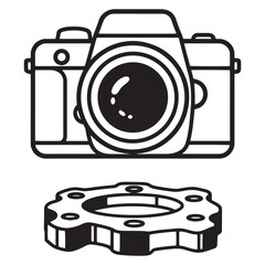 Monochrome line art illustration of camera and lens, photography technology and equipment.