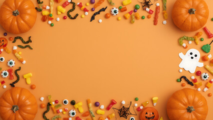 Halloween background with a spooky orange backdrop, candy, and friendly ghosts. Ideal for festive designs, invitations, and spooky-themed projects.