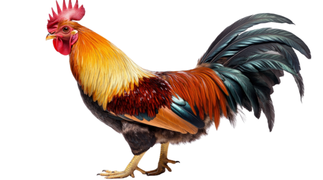 elegant rooster with vibrant plumage, standing proudly Transparent background, PNG