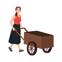 Woman Pushing a Wooden Cart. Flat vector illustration isolated on white background