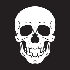 Human Skull Graphic: A detailed illustration of a human skull, featuring sharp lines and stark contrast against a dark background.  Perfect for Halloween, medical illustrations, or artistic projects.