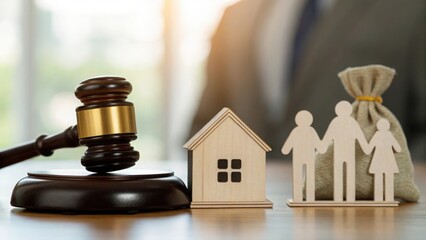 Blurred legal scene with gavel and symbolic family assets representing secure estate planning
