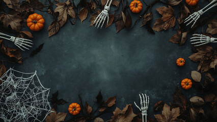 Halloween flat lay featuring pumpkins, skeletons, bats, leaves, and a cobweb. Ideal for spooky-themed designs, social media posts, or seasonal advertisements.