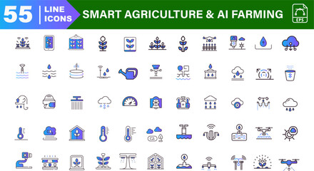 AI Irrigation System Icons – Smart Pump, Soil Sensor, Sprinkler, Water Tracker