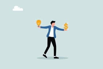 Business ideas to make money, innovation and creativity to make profit. Smart entrepreneur with a light bulb idea in one hand and a dollar sign in the other.