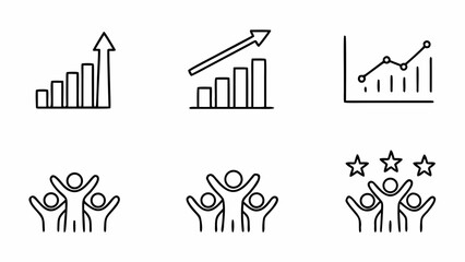 Collection of simple line icons representing growth success and teamwork isolated on white background