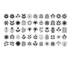 Collection of various black floral and leaf silhouette icons on white background