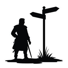 Medieval warrior standing at a crossroads signpost considering his next journey © tarek