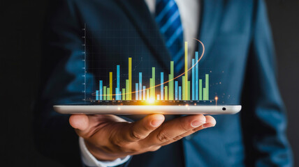 A professional business photo of a hand holding a glowing holographic bar graph visualization floating above a tablet device