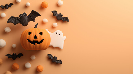Fototapeta premium Halloween pumpkin ghost bats and candy isolated on a transparent background jack o lantern