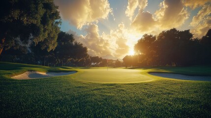 Golf green at sunset. Flag visible. Sky is cloudy.