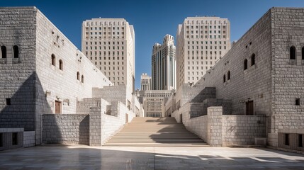 **A minimalist view of modern Makkah architecture beside traditional stone buildings, light casting geometric shadows in a symmetrical layout