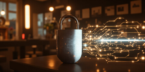 Cybersecurity Padlock Network: Secure data displayed indoors, for protection now.