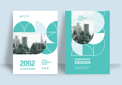 Business Report Cover Template &ndash;  Green and White Geometric Layout (A4)	
