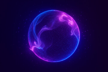 AI generated abstract sci-fi image of a glowing sphere made of digital mesh and particles radiating blue and pink neon light against a dark background symbolizing data energy and futuristic technology