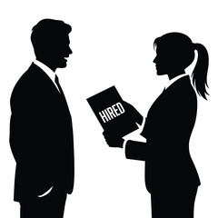Businesswoman presents a document with the word hired to a businessman