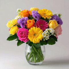 Obraz premium Vibrant mixed flower bouquet in a clear glass vase with a light gray background