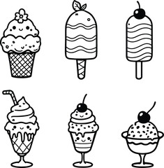 Cute ice cream desserts vector illustration coloring page for kids summer treat food drawing design