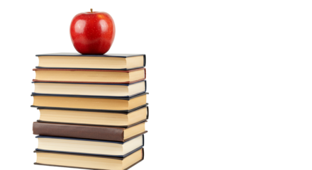 stack of books and apple on white background png