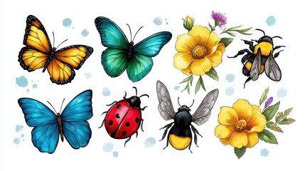 Fototapeta premium Vibrant Watercolor Butterflies Bumblebees and Yellow Flowers Illustration