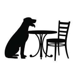 Silhouette of a dog sitting patiently next to a table and chair