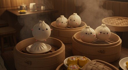 Cute Dim Sum Characters in Steaming Baskets Ready to Eat