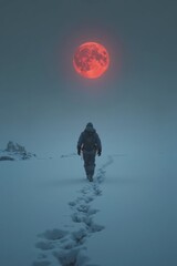 Man walks alone in snowy wilderness under glowing blood moon at night