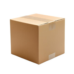 A single brown cardboard shipping box sealed with clear tape presented isolated on transparent background