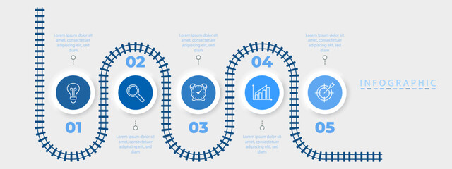 Five step infographic with road path and timeline map for process diagram with icon. Includes line element for business flow and creative milestone vector design with modern layout or pointer.