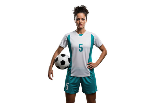 Confident female football player holding soccer ball in teal and white uniform, isolated on transparent background
