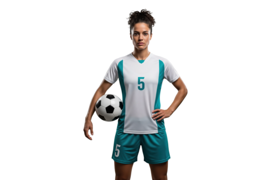 Confident female football player holding soccer ball in teal and white uniform, isolated on transparent background