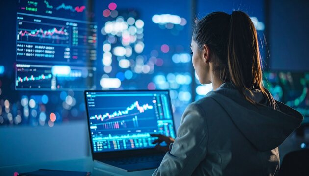 Professional female trader reviewing crypto and stock dashboards on laptop – remote fintech setup.