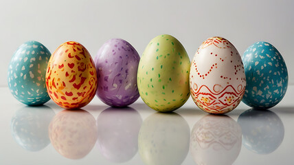 Colorful Easter eggs arranged in a line on a soft white background for a festive and vibrant seasonal celebration image.
