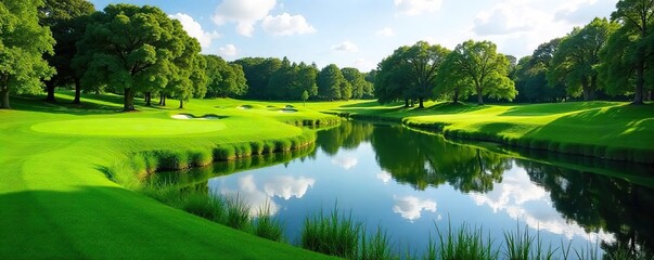 Serene Golf Course Pond Lush Green Landscape, Tranquil Water, Perfect for Relaxation and Golf Course Marketing