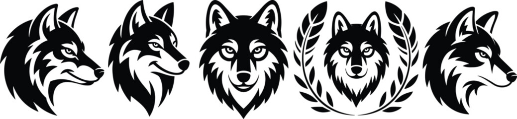 Set of black wolf head vector illustrations, fierce animal mascot icons, tribal wild wolf logos with laurel leaves for branding use flat vector illustration