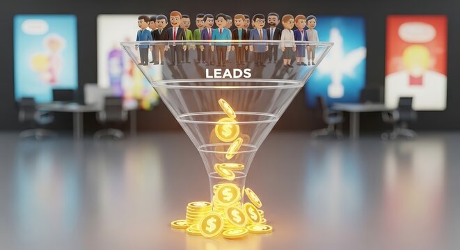 3D marketing funnel diagram with glowing leads flowing into conversion