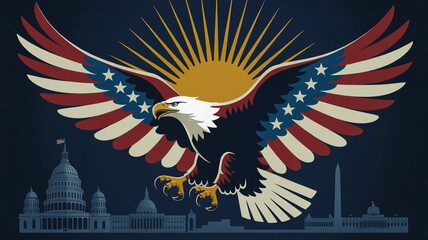 A stylized patriotic American poster design featuring a bald eagle with spread wings against a dark navy blue background