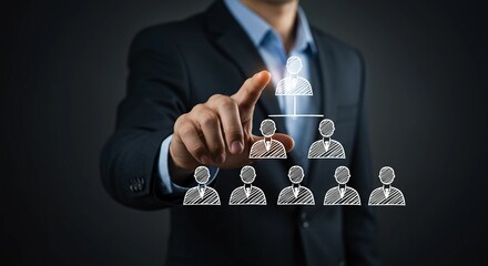 Businessman pointing at digital hierarchy structure representing business leadership