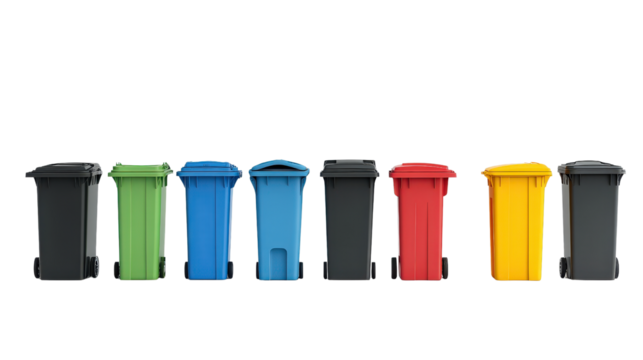 Collection of various rubbish bins lined up by size and type Transparent background, PNG
