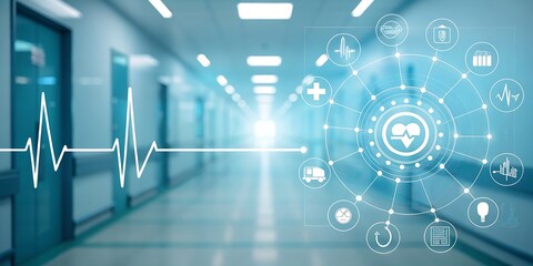 Obraz premium Medical hallway with digital health interface hospital technology
