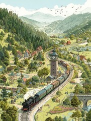 Scenic Valley Train Journey, Clock Tower Landmark, Mountainous Background, Travel Poster