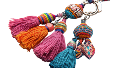 Colorful fabric keychain with tassels and beads Transparent background, PNG
