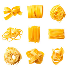 An assortment of uncooked pasta varieties displayed against a transparent background showcases culinary arts and different shapes.