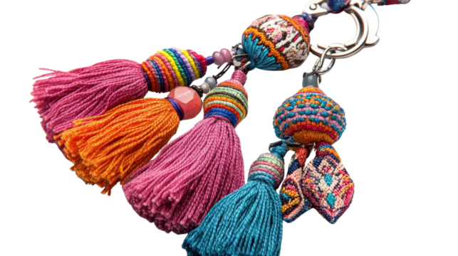Colorful fabric keychain with tassels and beads Transparent background, PNG