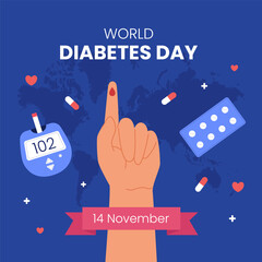 flat world diabetes day square post with glucometer illustration. Clean illustration blood glucose meter, health icons. Perfect for awareness banners, social media, and medical campaigns.